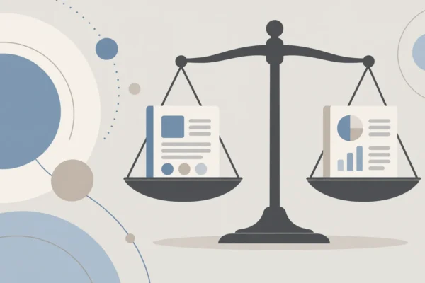 Balance montrant des documents et graphiques sur chaque plateau.
