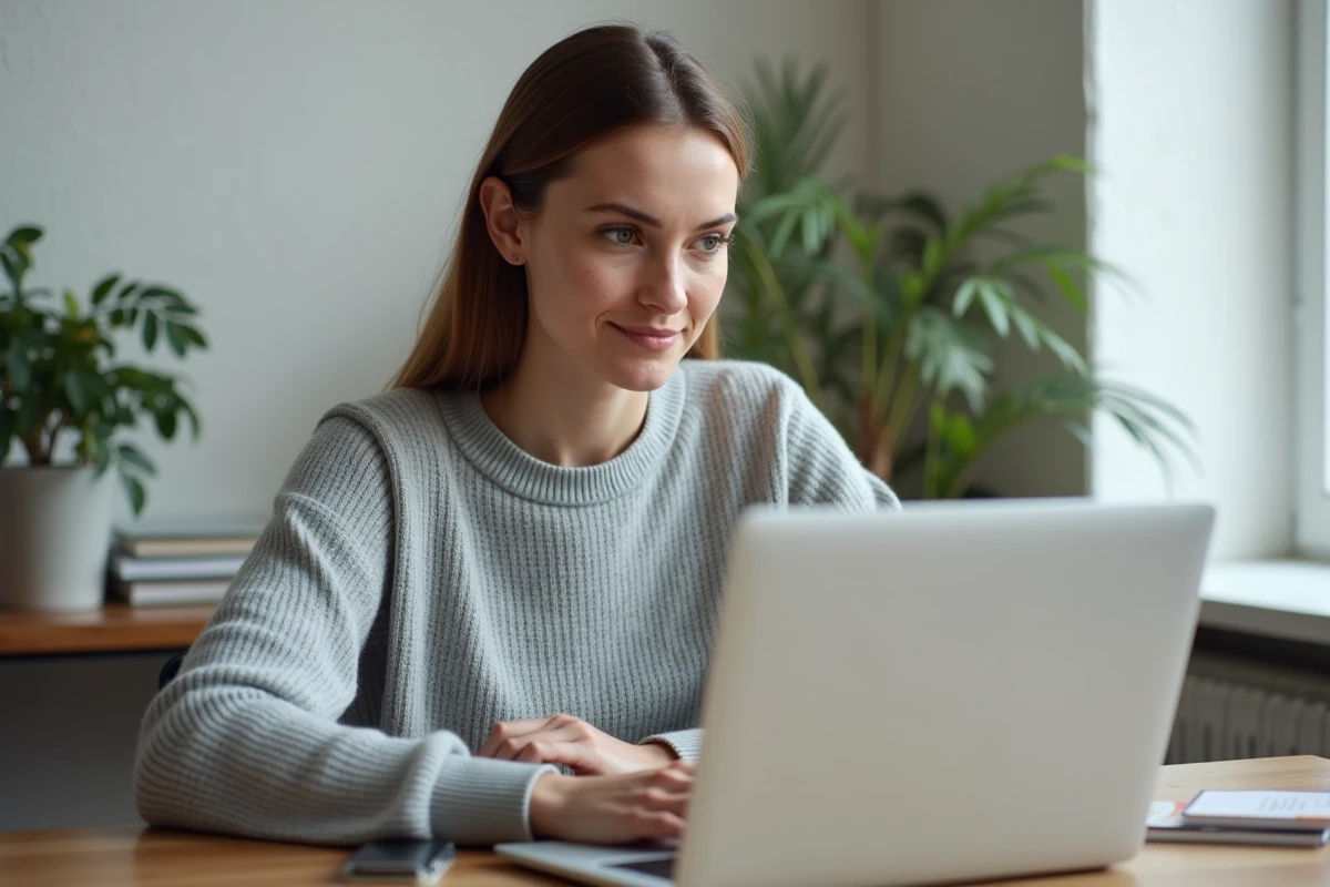 Femme consultant un bureau numérique en ligne sur son ordinateur portable sans installer d'application