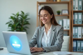 Femme contractuelle activant son compte Id ac Versailles sur un ordinateur portable dans un bureau administratif moderne