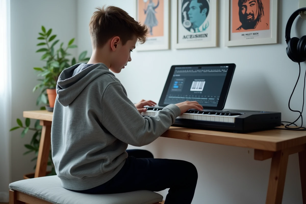 Adolescent apprenant le piano numérique avec une application de tutoriel pop dans sa chambre studio