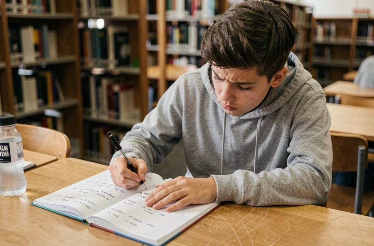 Adolescent en train de travailler sur des exercices de conjugaison des verbes irréguliers espagnols dont tener au passé simple dans une bibliothèque calme