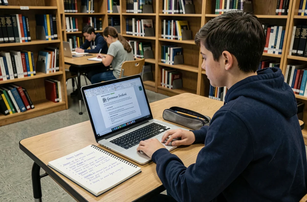 Adolescent utilisant un PDF d'exercices corrigés sur les classes grammaticales dans une bibliothèque scolaire