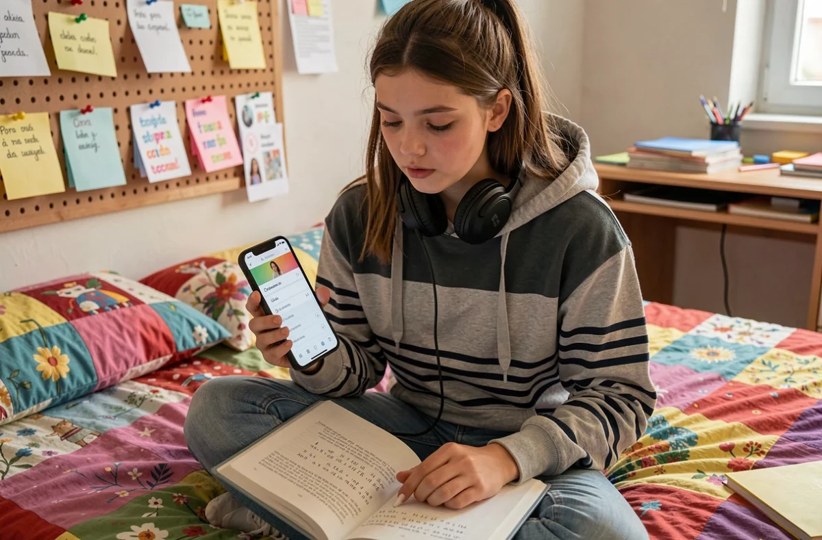 Adolescente révisant le conditionnel présent espagnol avec une application audio sur smartphone et un manuel ouvert sur les genoux
