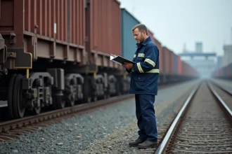 Agent de train vérifiant wagon dans un yard industriel