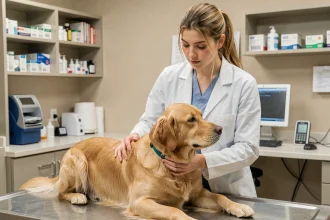 Étudiante en alternance ASV assistant un vétérinaire lors d'un examen clinique d'un chien dans une clinique vétérinaire moderne