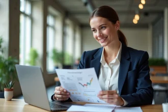 Jeune alternante en marketing digital analysant une stratégie sur ordinateur dans un bureau moderne à Paris