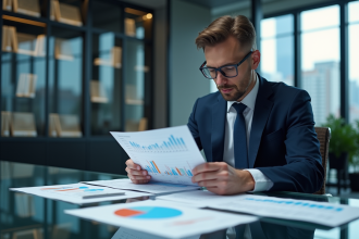 Analyste financier en costume bleu étude graphiques marché obligataire