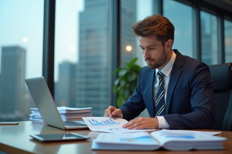 Analyste financier homme en bureau moderne avec graphiques