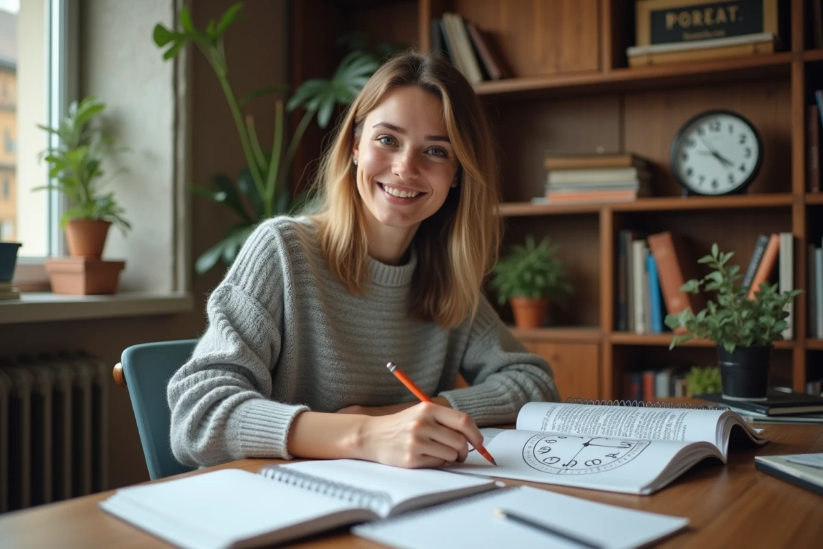 Jeune femme étudiant les heures en anglais avec un cahier et un schéma d'horloge 12 heures posé sur un bureau en bois