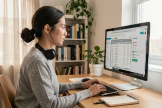 Assistante digitale travaillant à distance depuis son bureau à domicile avec un casque et un grand écran