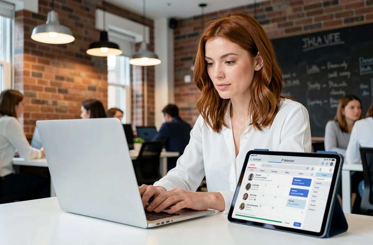 Jeune assistante digitale en télétravail dans un espace de coworking moderne avec laptop et tablette
