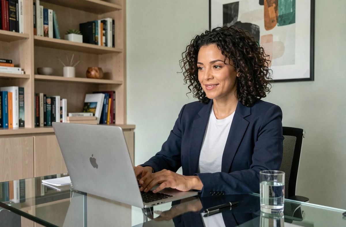 Assistante virtuelle en visioconférence depuis son bureau à domicile aménagé avec des étagères organisées