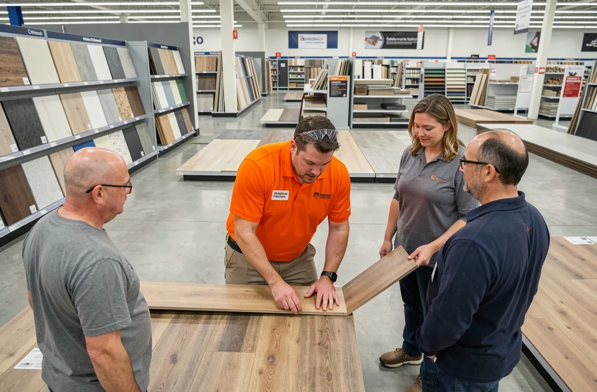 Atelier pratique de pose de parquet stratifié animé par un formateur en magasin de bricolage