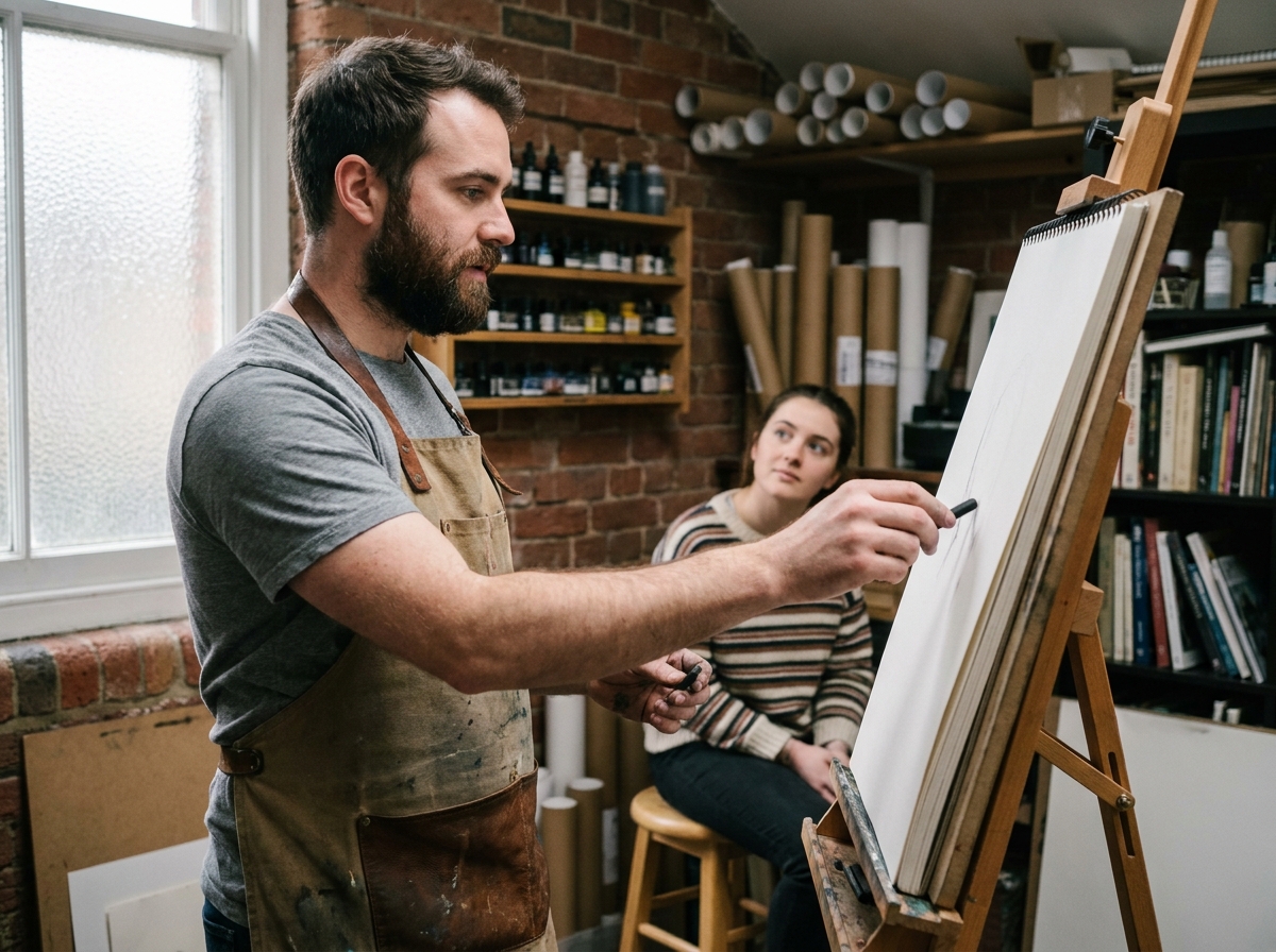 Instructeur en atelier privé de dessin expliquant une technique à un élève dans un studio aux murs en briques