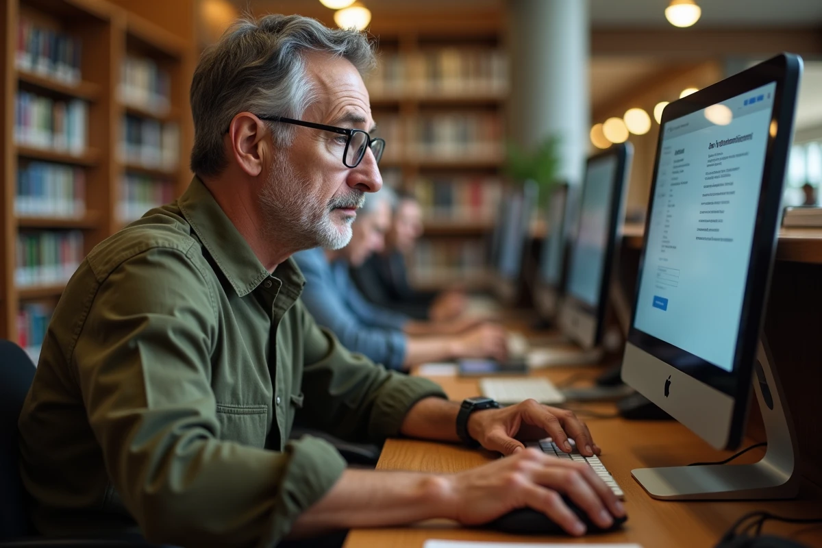 Homme d'âge moyen vérifiant une authentification à deux facteurs pour sécuriser son compte Cyclades en bibliothèque