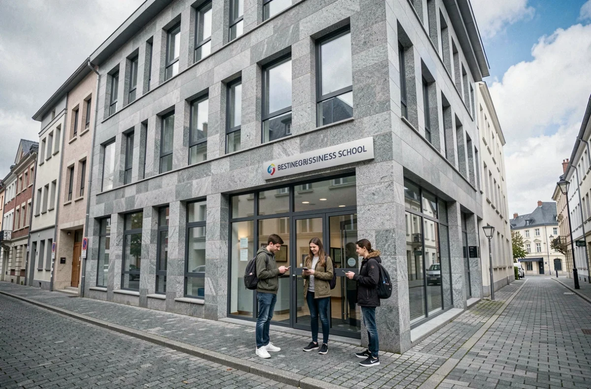 Façade extérieure de la Brest Business School avec des étudiants devant l'entrée principale