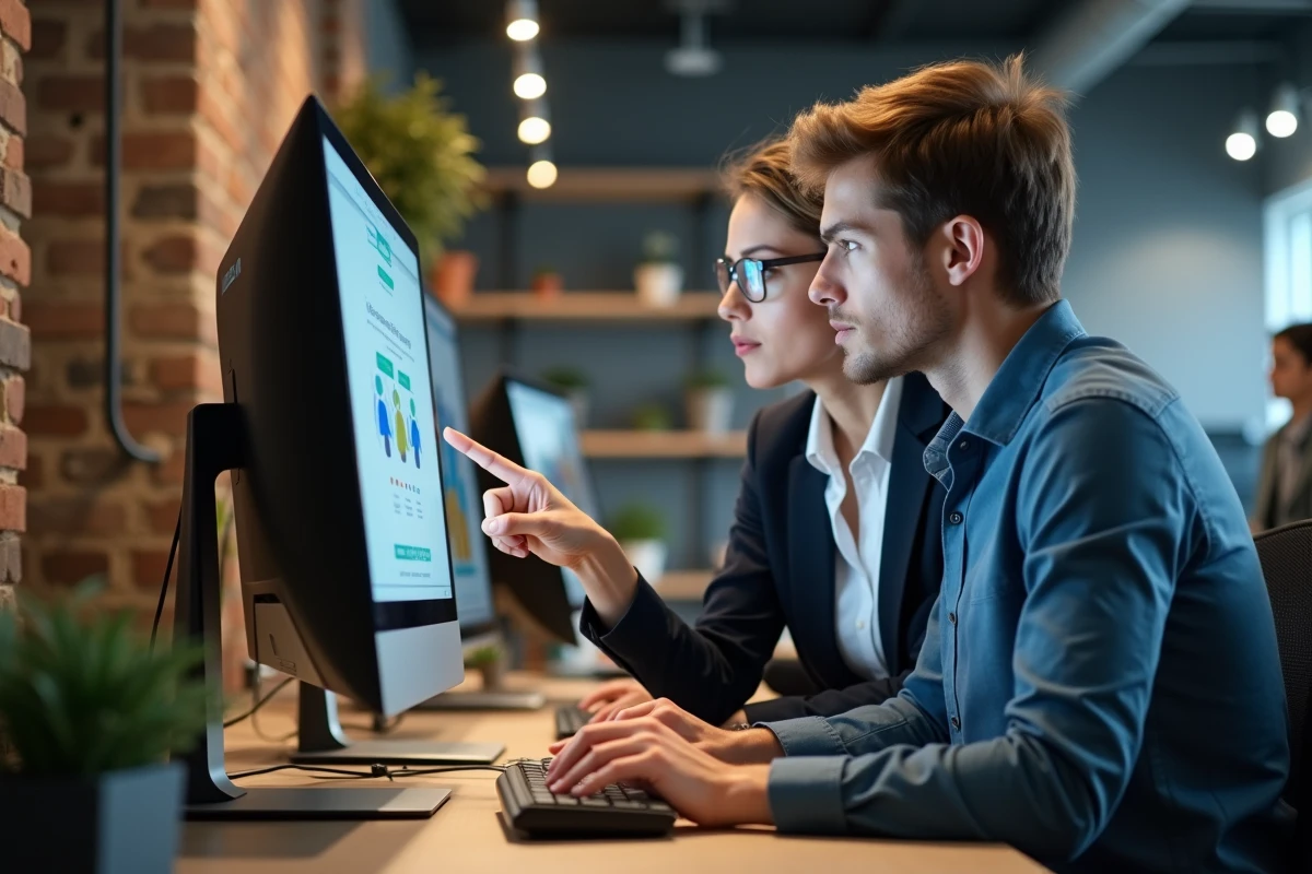 Deux collègues accédant à un bureau numérique partagé via navigateur dans un espace de coworking
