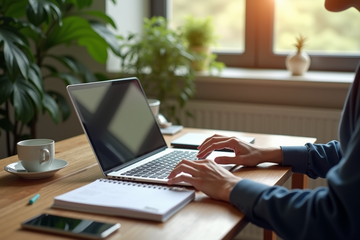 Bureau organisé avec ordinateur et plantes naturelles