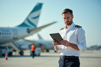 Jeune cadet Air France en uniforme de pilote devant un avion commercial sur le tarmac d'un aéroport international