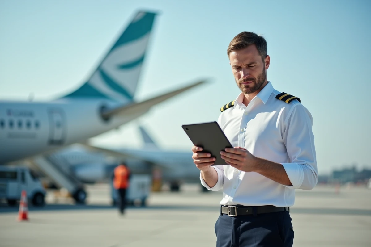 Jeune cadet Air France en uniforme de pilote devant un avion commercial sur le tarmac d'un aéroport international