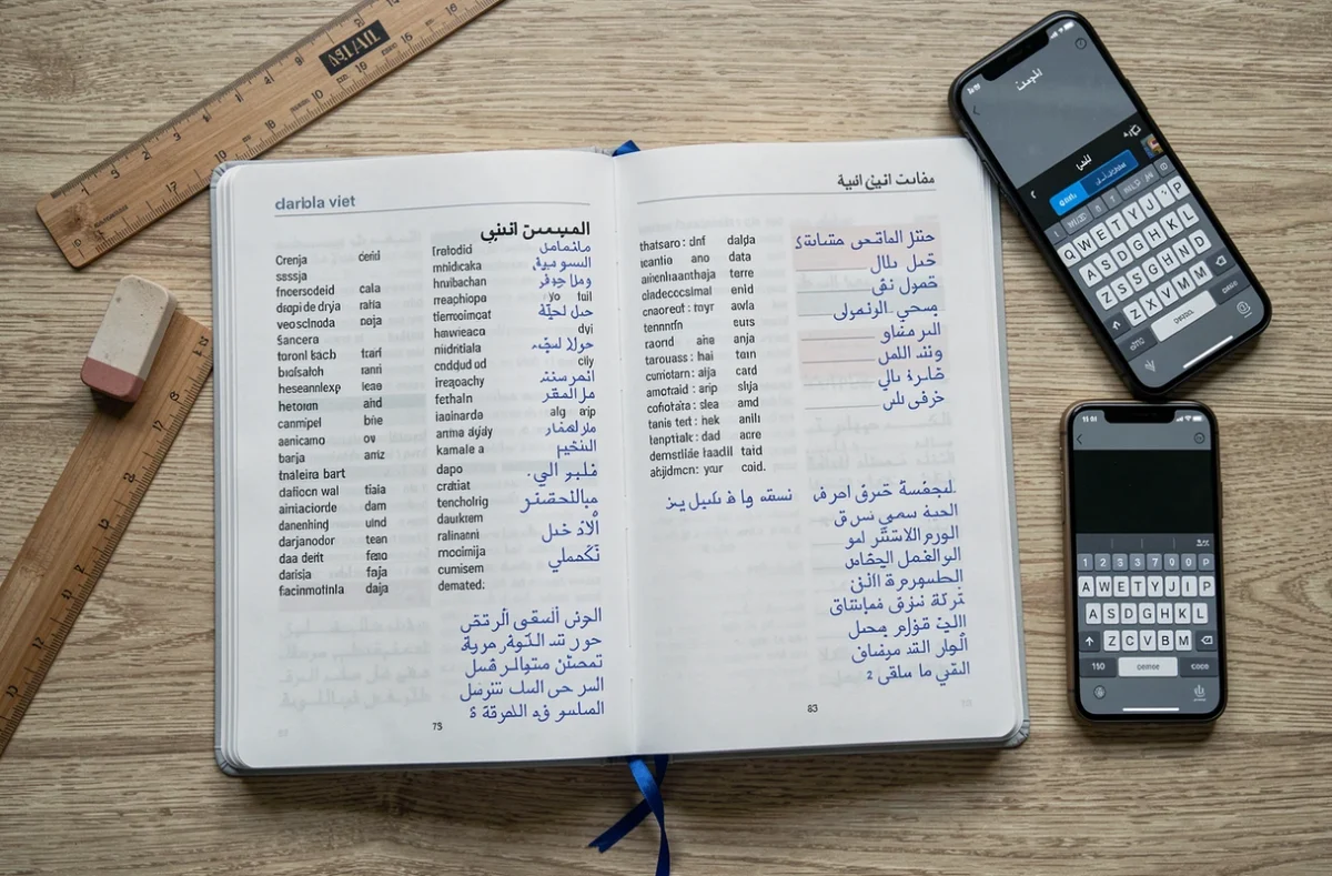 Vue en plongée d'un cahier de darija ouvert avec transcription latine et corrections en écriture arabe, matériel d'apprentissage des langues