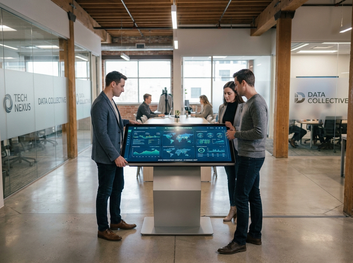 Équipe de professionnels explorant un tableau de bord numérique dans un pôle d'innovation de type Campus Cyber