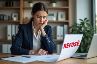 Femme d'affaires examinant un dossier de candidature refusé avec tampon rouge sur son bureau à domicile