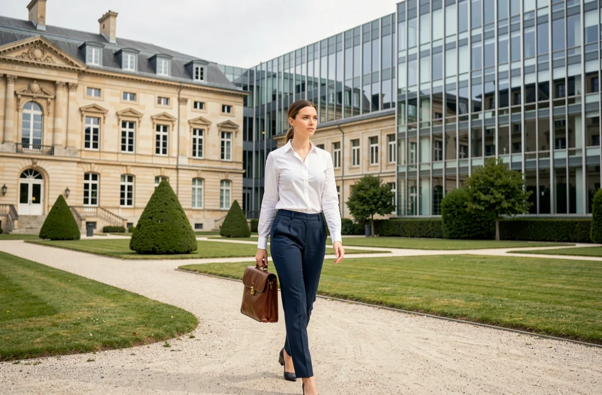 Étudiante traversant le campus soigné de l'École Centrale Lyon à Écully, grande école d'ingénieurs renommée