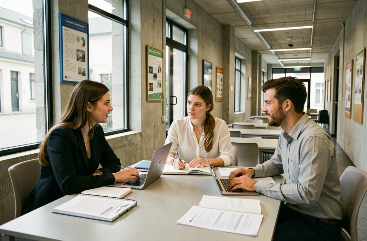 Étudiants adultes en formation professionnelle dans un centre de formation moderne de l'Oise, travaillant en groupe autour d'une table avec ordinateurs et documents