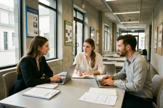 Étudiants adultes en formation professionnelle dans un centre de formation moderne de l'Oise, travaillant en groupe autour d'une table avec ordinateurs et documents