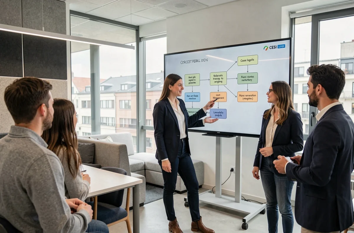 Étudiante de l'école CESI Lyon présentant un projet en gestion de projet agile dans un espace d'apprentissage moderne
