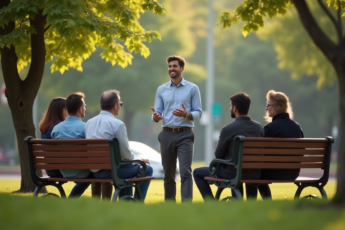 Jeune coach en plein air guidant un groupe dans un parc urbain