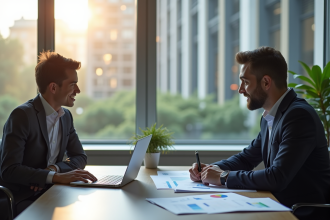 Coach professionnel avec un dirigeant en réunion dans un bureau lumineux