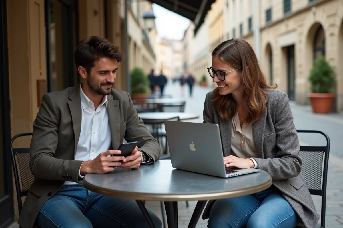 Deux collègues synchronisant l'application melouvert Orléans Tours sur leurs appareils mobiles en terrasse de café à Tours