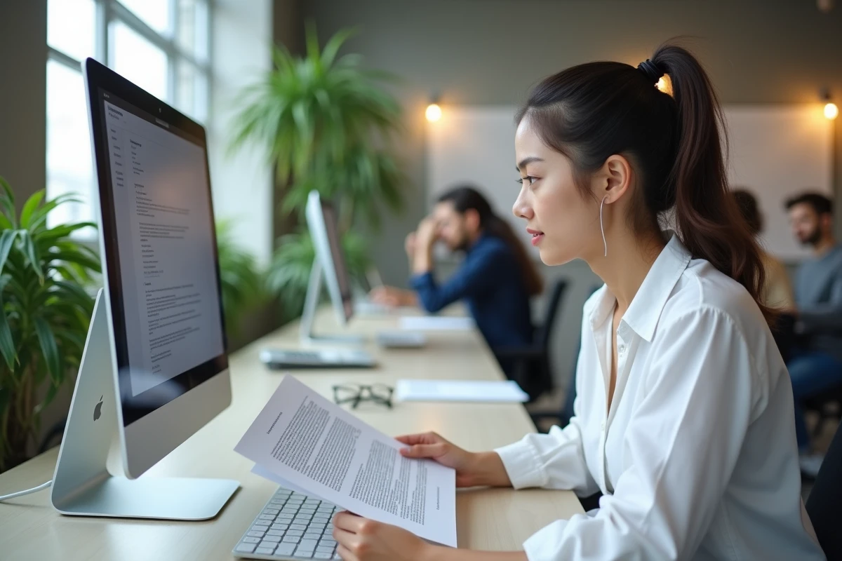 Jeune femme en espace de coworking comparant des documents d'abonnement imprimés pour comprendre les conditions de facturation d'un service email marketing
