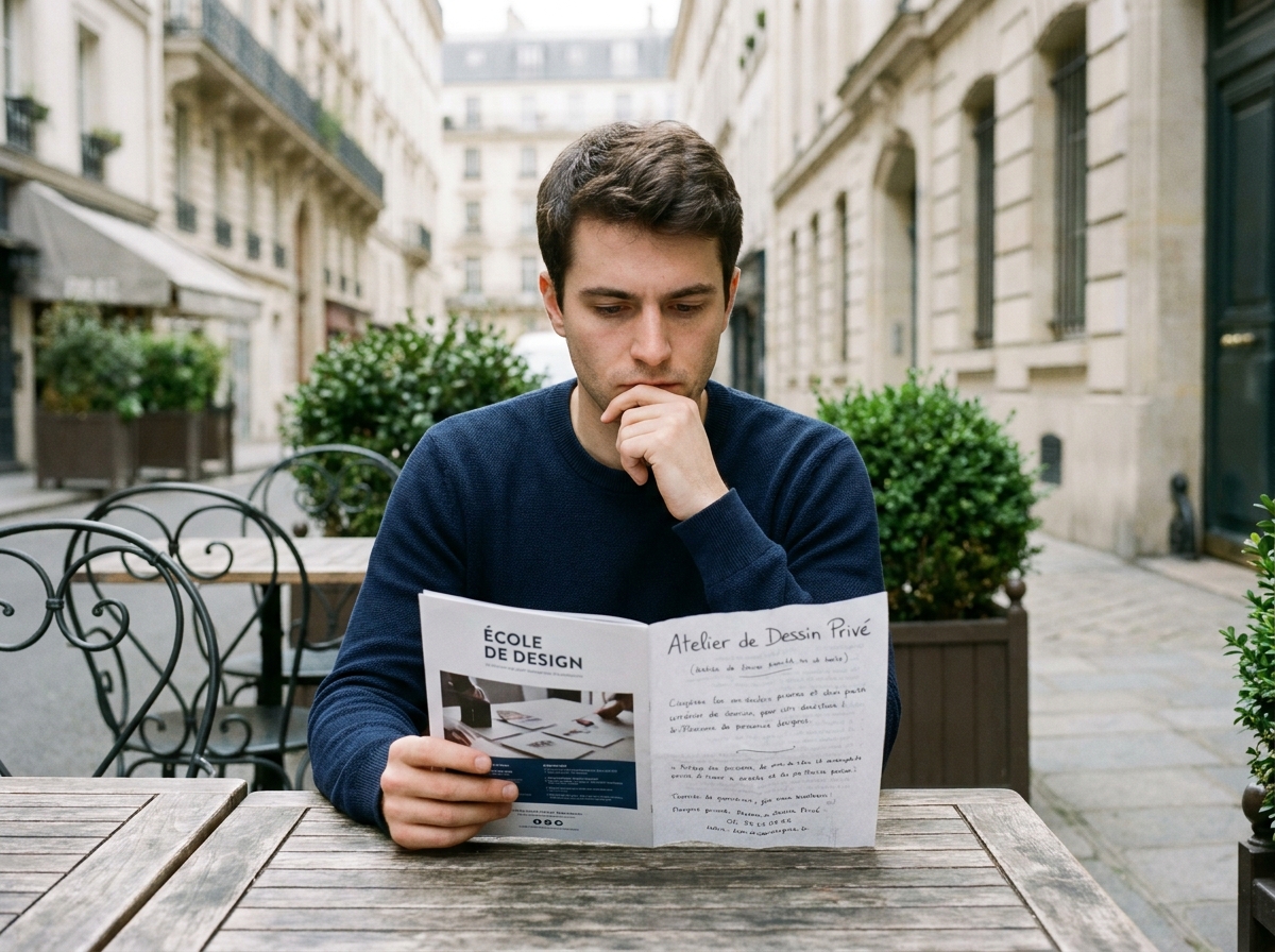 Jeune homme comparant des brochures d'école de dessin et d'atelier privé attablé en terrasse de café à Paris
