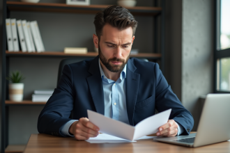 Comptable en costume navy avec diplôme dans un bureau moderne