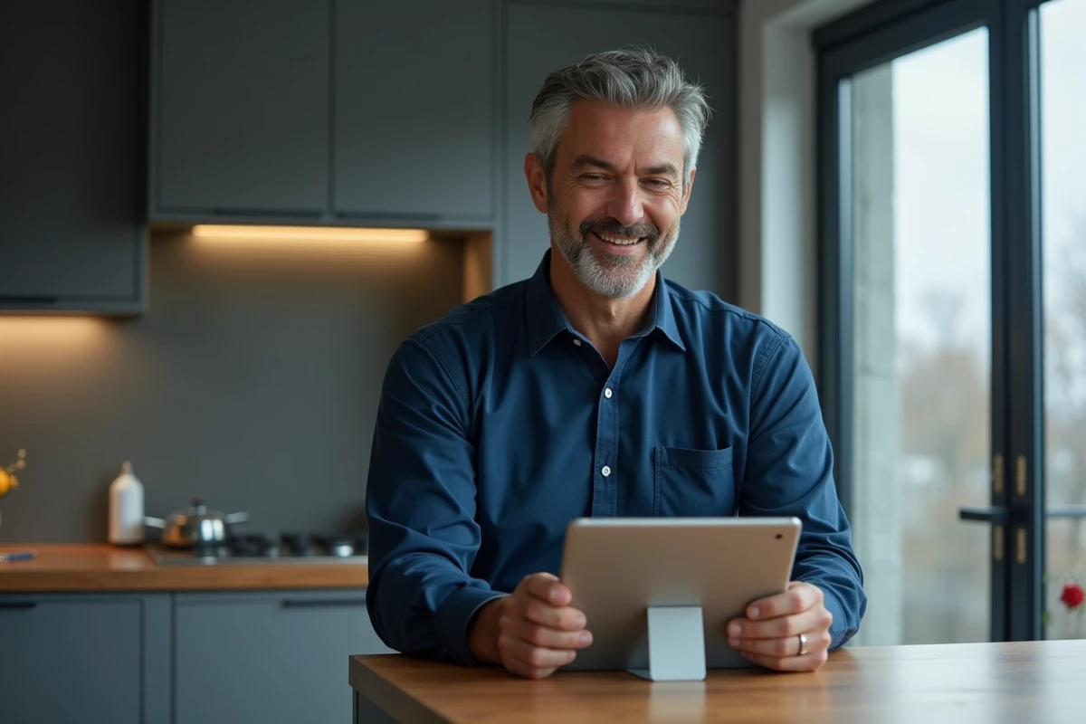 Homme accédant à son bureau numérique depuis une tablette sans télécharger d'application mobile