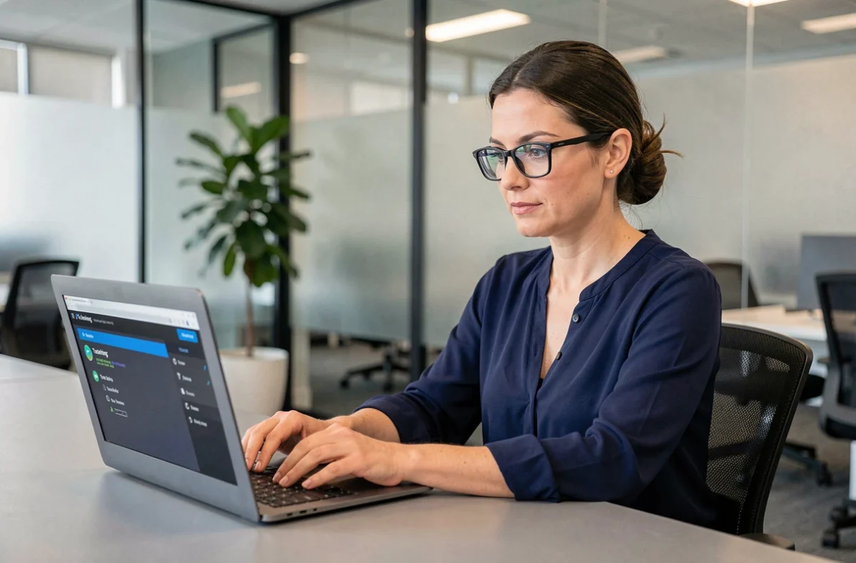 Femme professionnelle se connectant à la plateforme MÈTIS AFPA depuis son bureau au travail