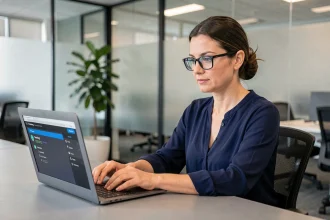 Femme professionnelle se connectant à la plateforme MÈTIS AFPA depuis son bureau au travail