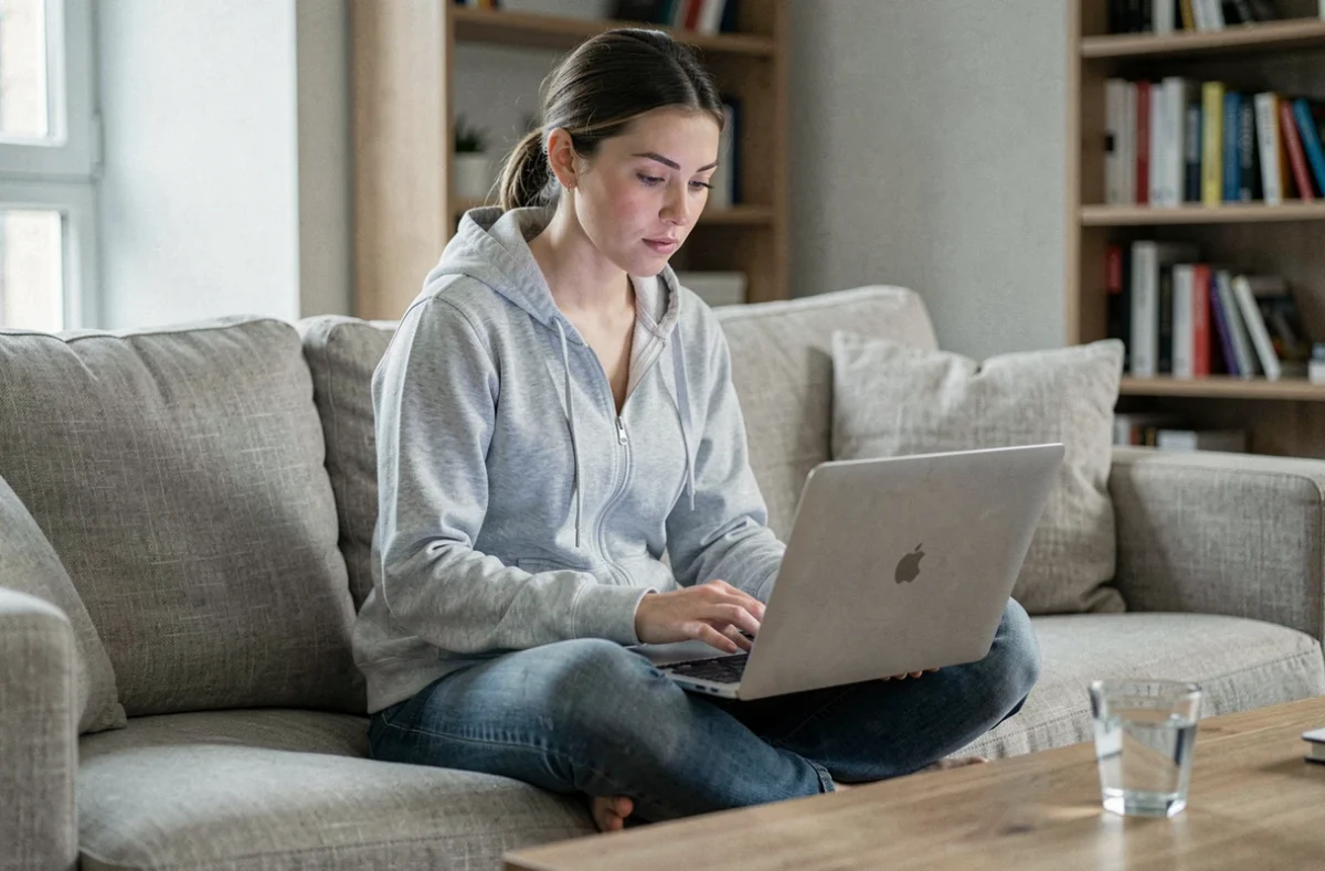 Jeune femme se connectant à MÈTIS AFPA depuis chez elle sur un canapé avec un laptop