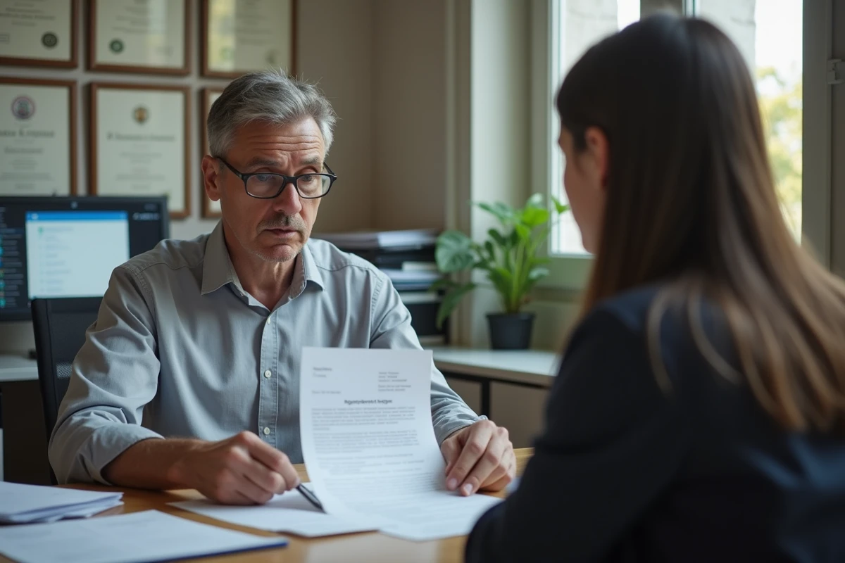 Conseiller universitaire expliquant les étapes à suivre après un refus de dossier à un étudiant dans un bureau administratif