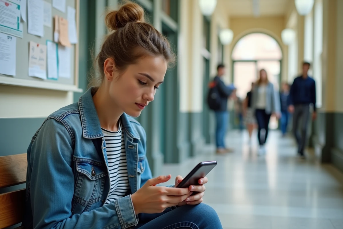 Jeune femme consultant un ancien message de sa messagerie académique sur smartphone dans un couloir universitaire
