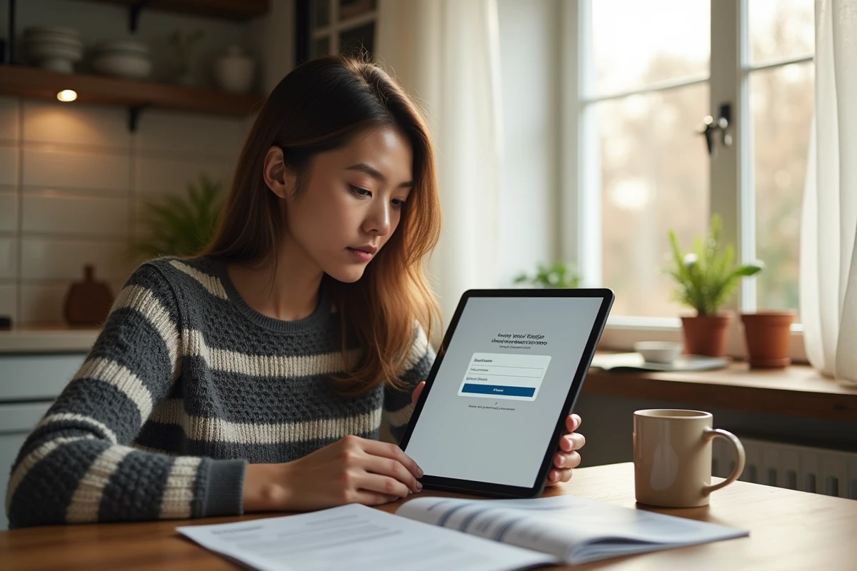 Jeune contractuelle activant son identifiant académique Id ac Versailles sur une tablette depuis son domicile