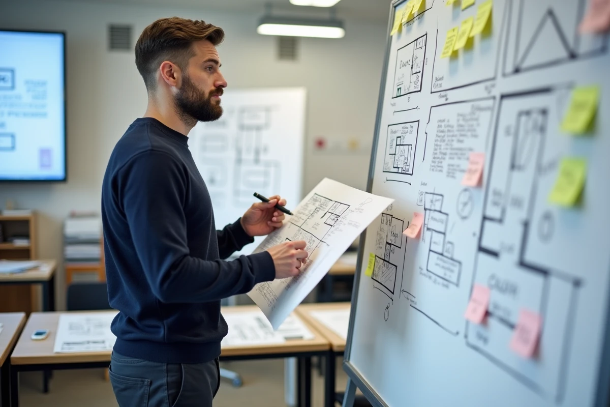 Formateur ou étudiant en design d'intérieur debout devant un tableau blanc avec des plans dessinés à la main dans une salle de cours professionnelle