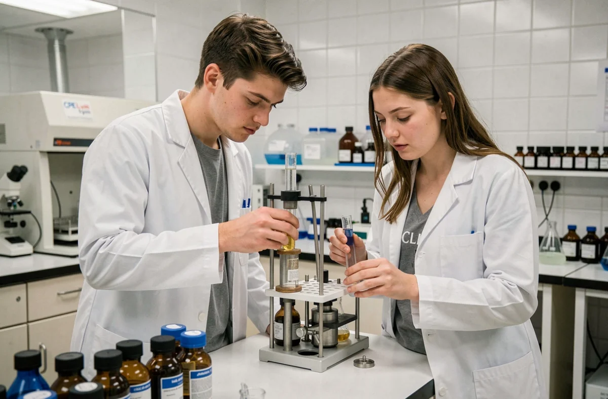 Étudiants en chimie-physique travaillant en laboratoire à CPE Lyon, école d'ingénieurs spécialisée en chimie et énergie