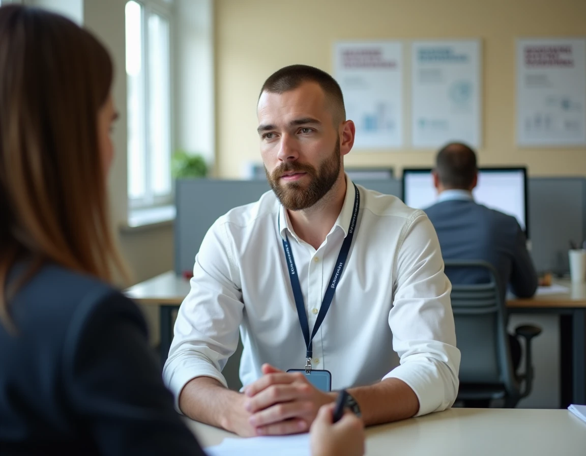 Jeune demandeur d'emploi en entretien avec un conseiller France Travail pour financer une formation FIMO