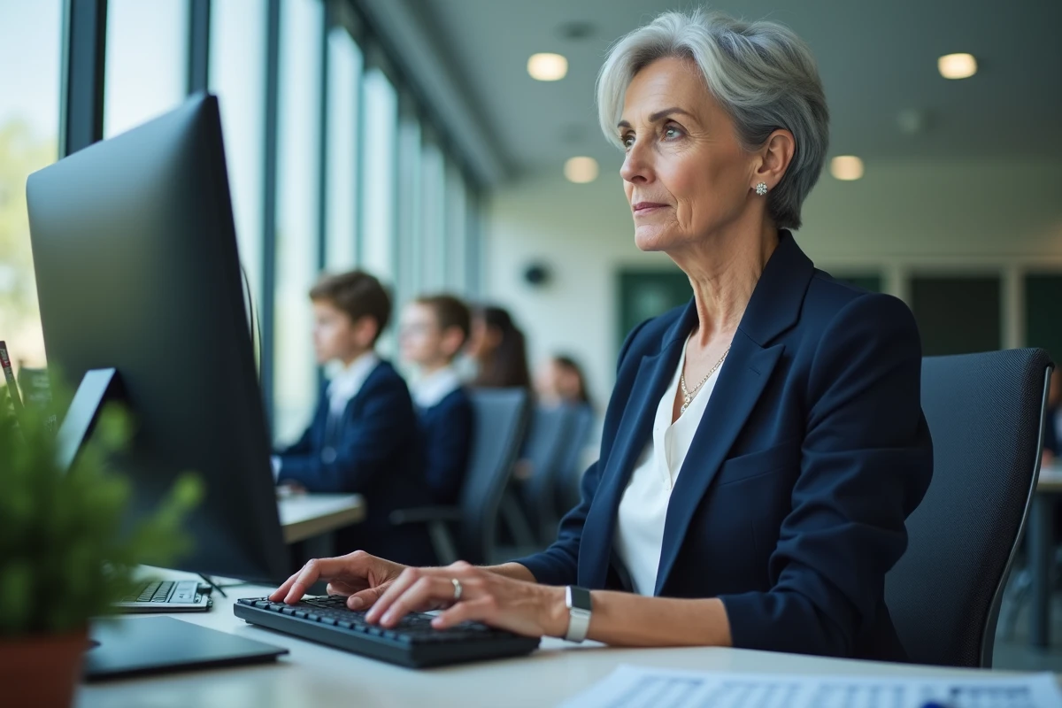 Directrice d'école utilisant une plateforme de gestion scolaire numérique dans son bureau, représentant l'administration connectée et la communication parents-école via SCOLAWEB en 2026