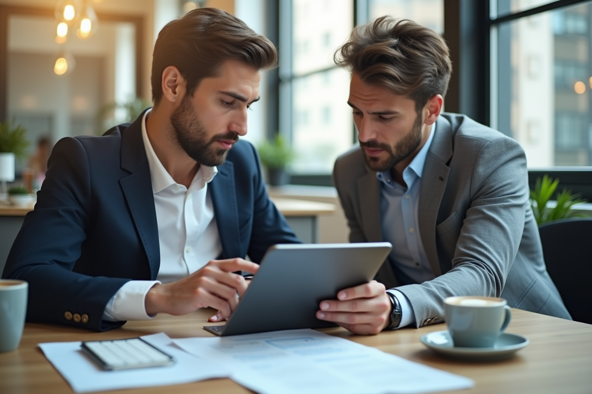 Deux professionnels discutant avec une tablette numérique