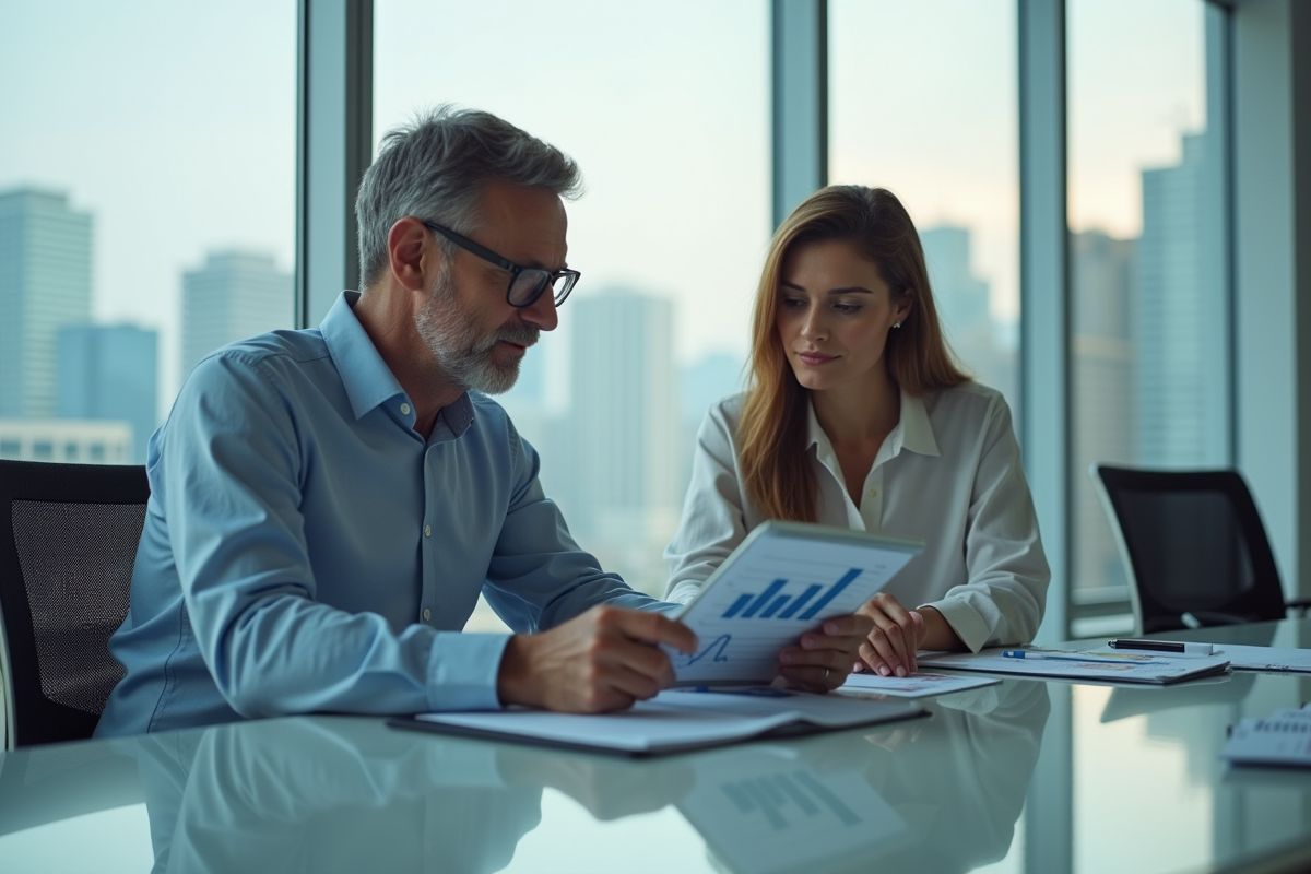Homme et femme discutant de salaires avec une tablette en bureau